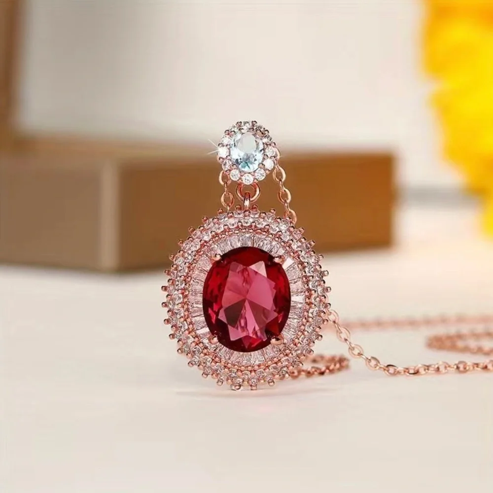 Rose Gold Necklace with Red Oval Gemstone Pendant